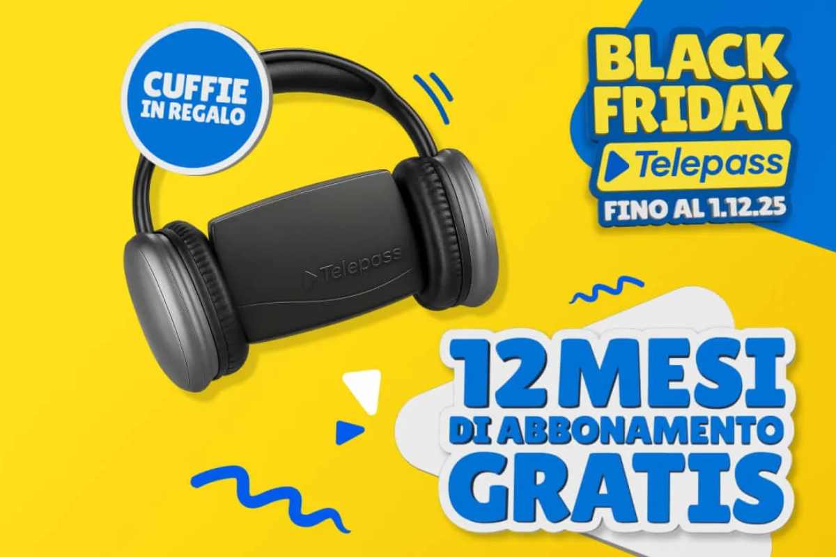 Grafica dell'offerta Black Friday 2025 di Telepass con le cuffie in omaggio