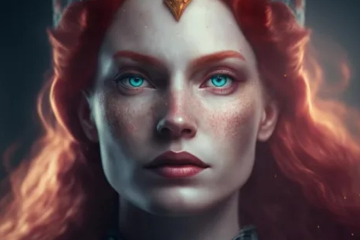 Il volto di una regina con i capelli rossi creata con l'AI