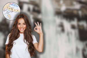 cascate ghiacciate, cartina italia in icona e donna che fa ok con le mani