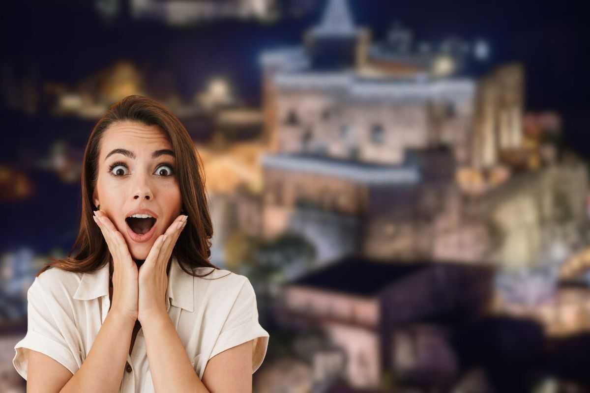 castello di limatola sullo sfondo e donna sorpresa