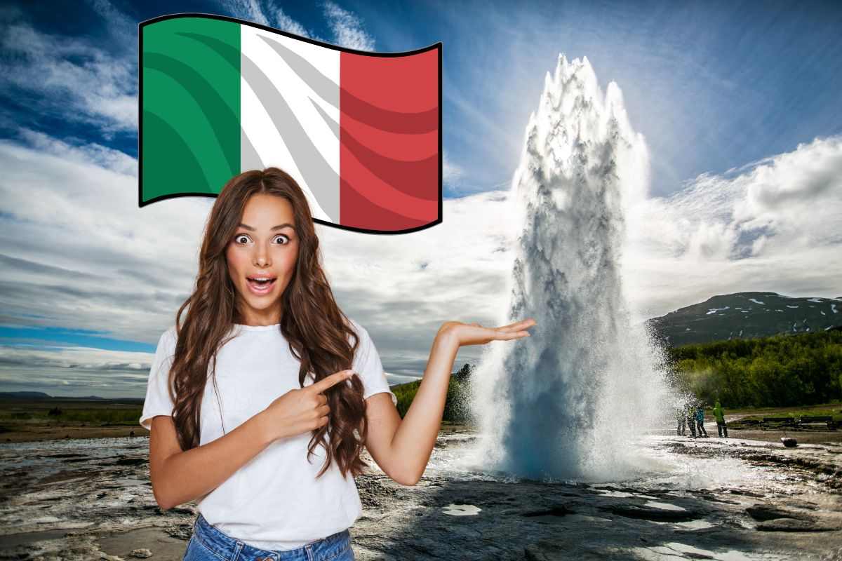 donna stupita che indica un geyser e bandiera dell'Italia