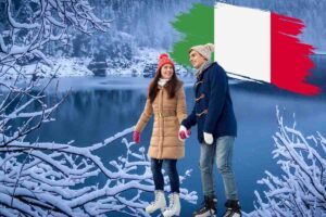 lago ghiacciato, bandiera dell'Italia e ragazzi che pattinano
