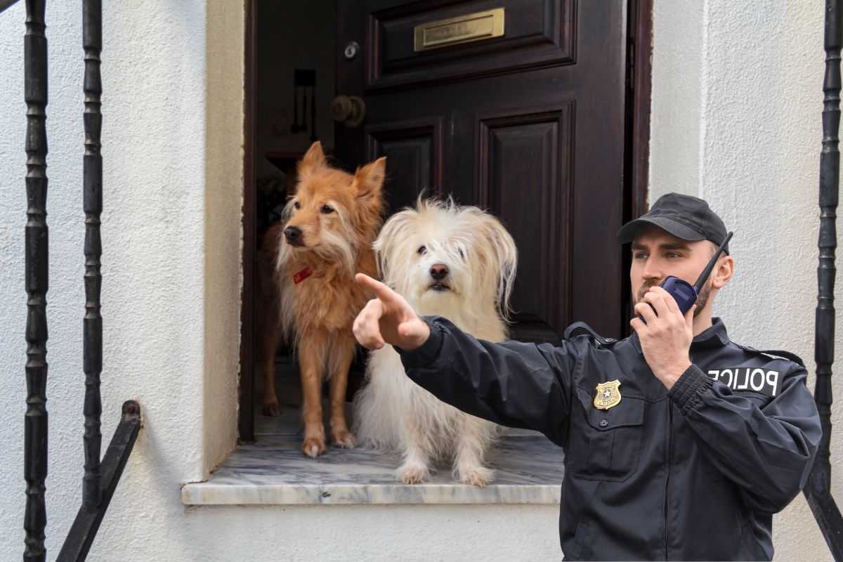 cani sotto l'uscio della porta di casa e poliziotto