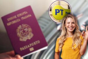passaporto, insegna poste italiane e donna sorridente che fa ok con le mani